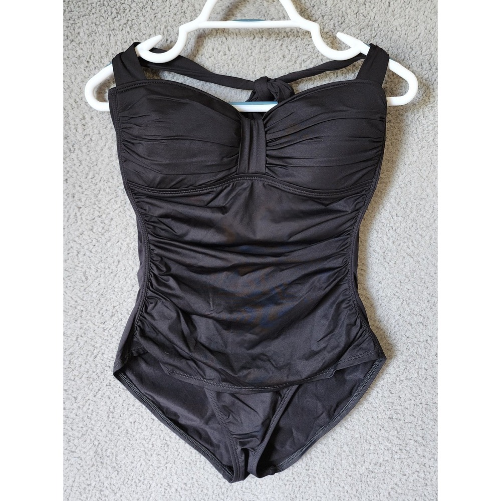 Tommy Bahama One Piece Swimsuit Womens 12‎ Black Ruched Halter Tummy Control